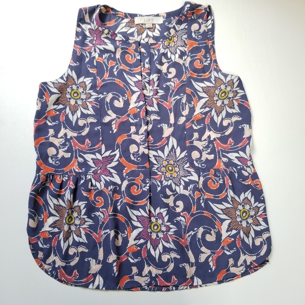 LOFT Blue and Orange Pleated Sleeveless Blouse